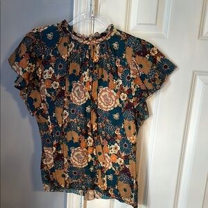 Trovata Brown and Cream Ruffled Blouse with Mandarin Collar